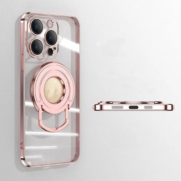 Transparent magnetic suction iPhone case with extended pull rod stand in far peak blue colour