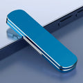Foldable aluminium phone holder in silver, 55x14x4.5mm, with 360° rotation and 180° extension.