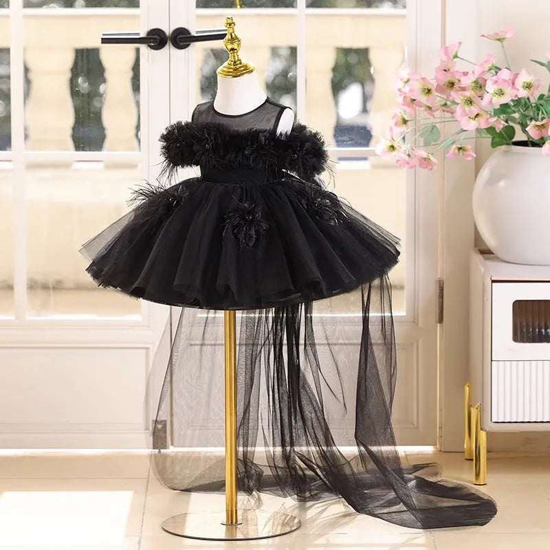 Black polyester girls evening dress princess style catwalk performance height 80-150cm