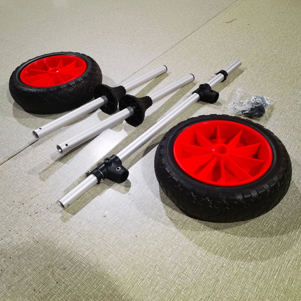 Foldable aluminium kayak cart with wide rubber tyres and a platform, shown folded and assembled.