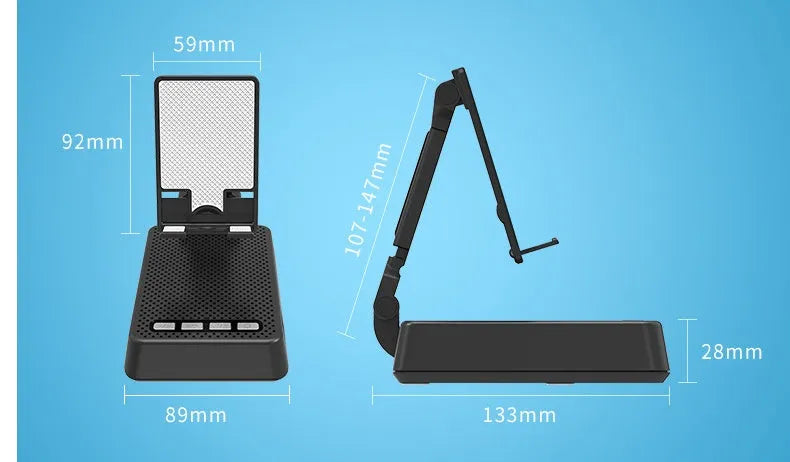 Black mobile phone desk stand with integrated Bluetooth speaker and microphone for live streaming