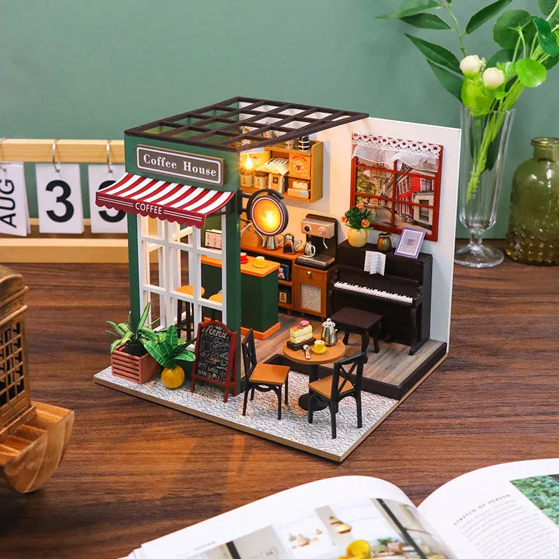 Wooden coffee shop doll house model kit with flash function and wooden construction
