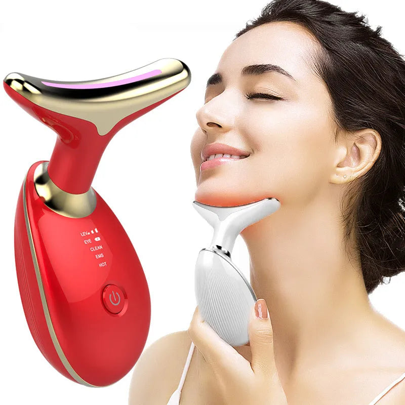 Black and silver EMS thermal neck lifting massager with LED lights for skin tightening and wrinkle reduction.