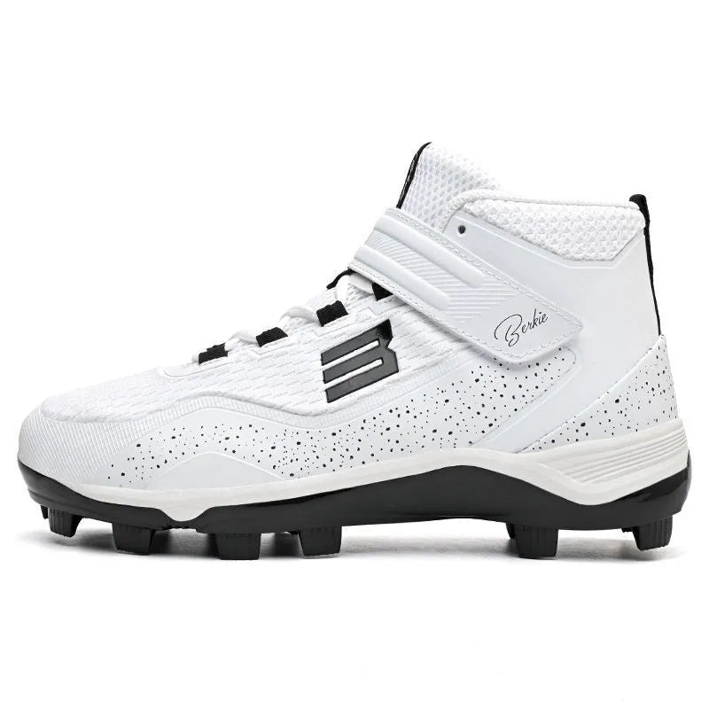 Black and white middle-top training sneakers with Velcro closure and wear-resistant rubber soles for softball