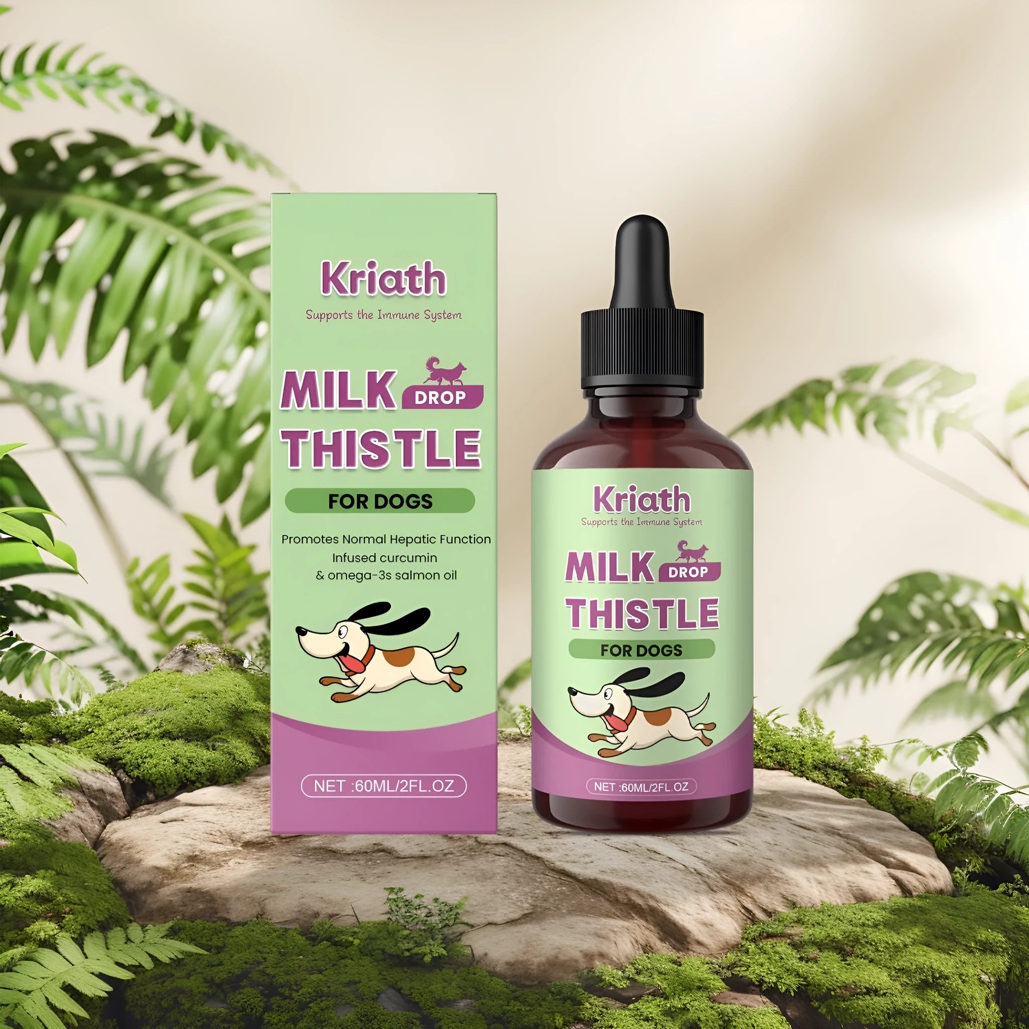 60ml bottle of dog milk thistle extract and Omega-3 nutrient solution liquid supplement.
