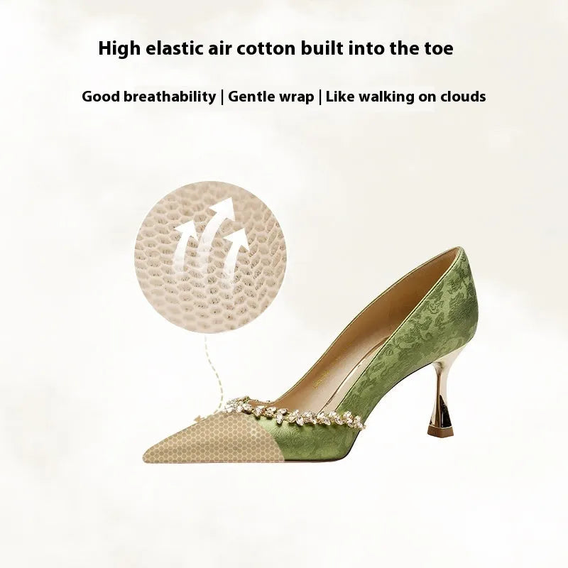 Chinese style satin wedding high heels with rhinestone decoration in champagne colour