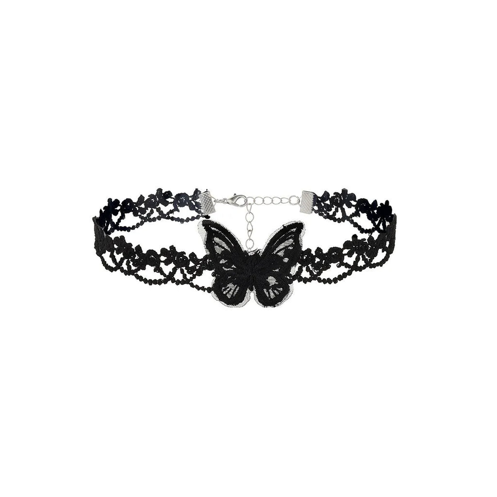 Lace yarn cloth butterfly necklace for women's collar, 30cm, shown in black or white