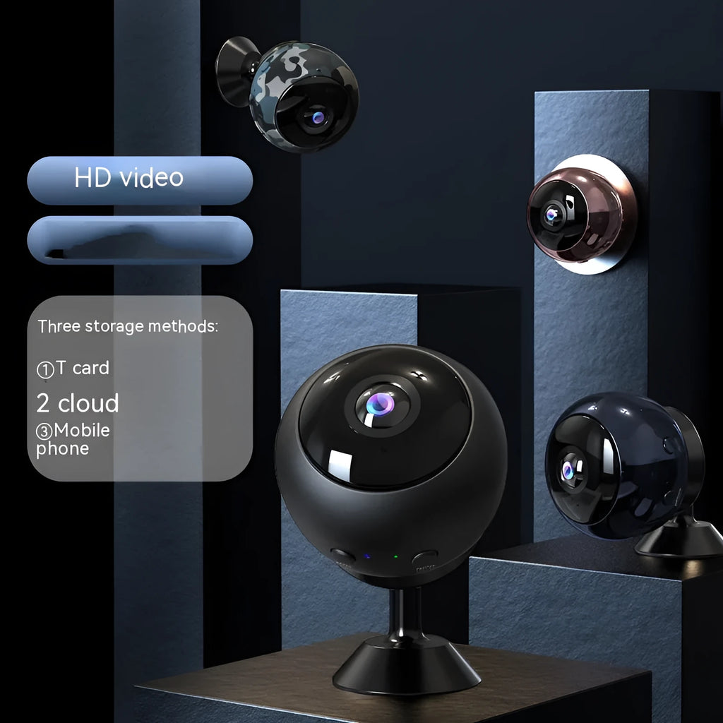 1080p wireless Wi‑Fi indoor surveillance camera with USB cable on a white background