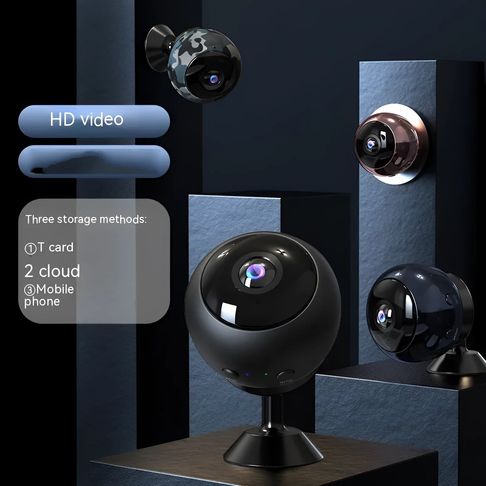 1080p wireless Wi‑Fi indoor surveillance camera with USB cable on a white background