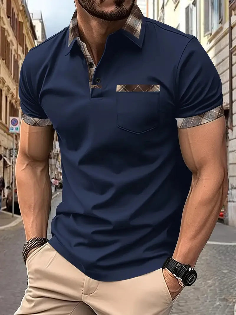 Man wearing a short sleeve plaid colourblock T-shirt with zipper detail on a white background.