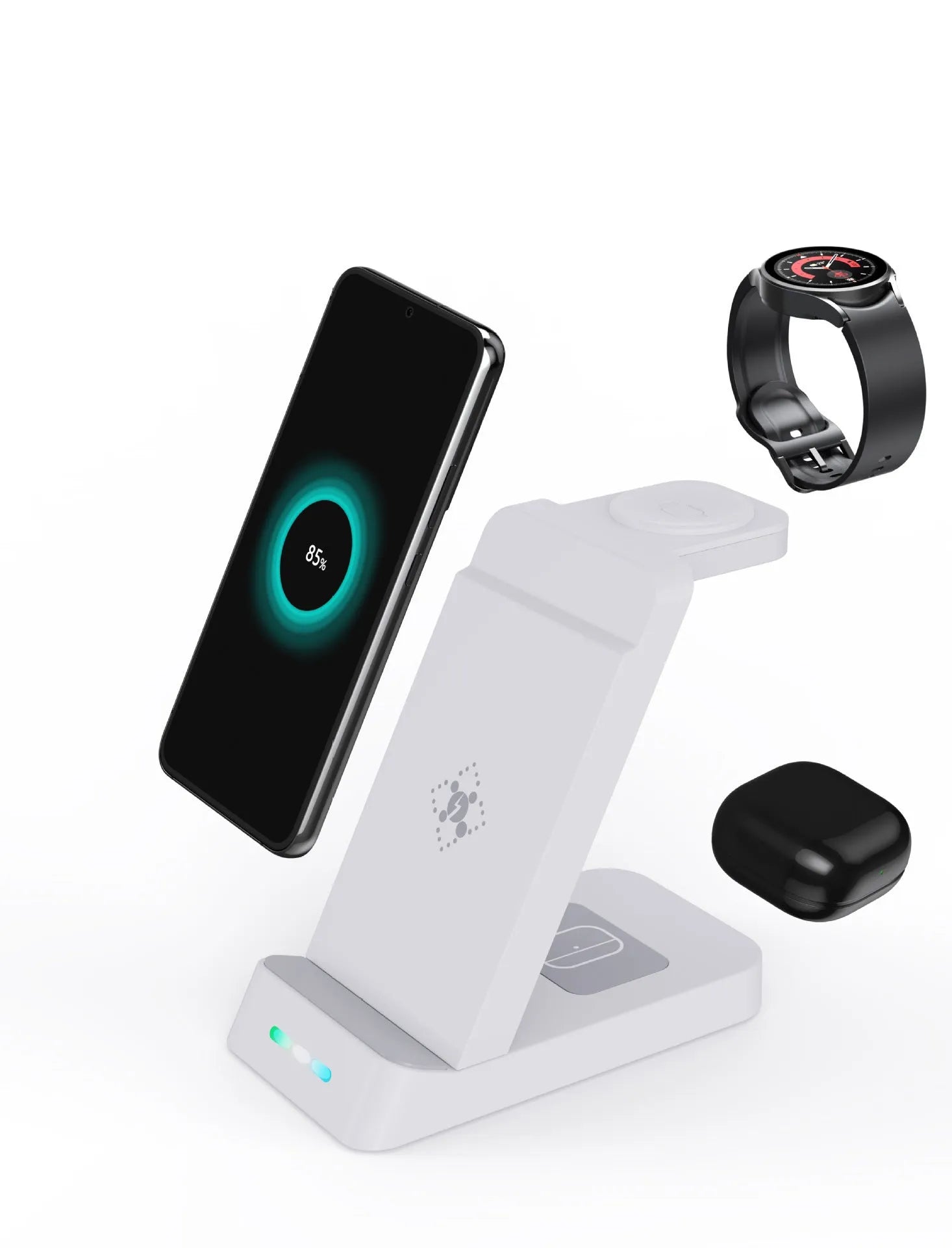 Black 3-in-1 wireless charging station showing a phone, Apple Watch, and AirPods case charging on a compact stand.