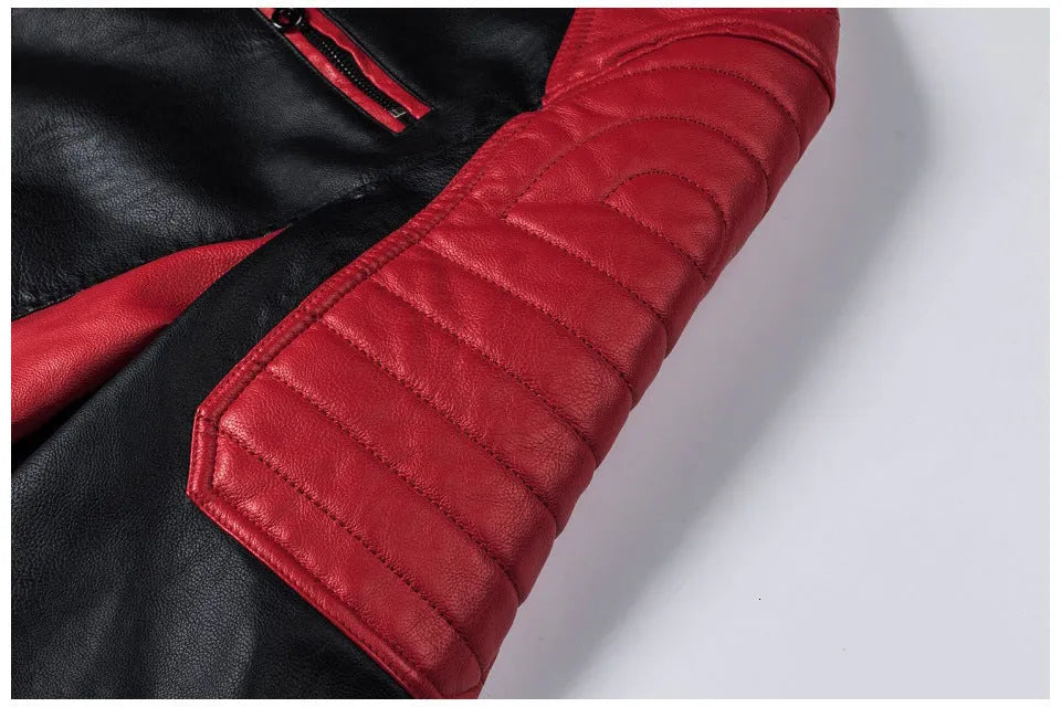 Men's PU leather motorcycle jacket with stand collar and zipper pockets, retro style, brick red, brown or ivory white