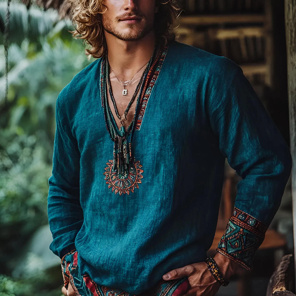 Boho style vintage printed long sleeve casual pullover top in polyester fabric.