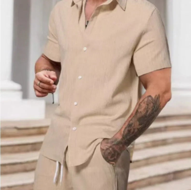 Striped printed men's casual suit set with short sleeve shirt and shorts in colour YT50313P1