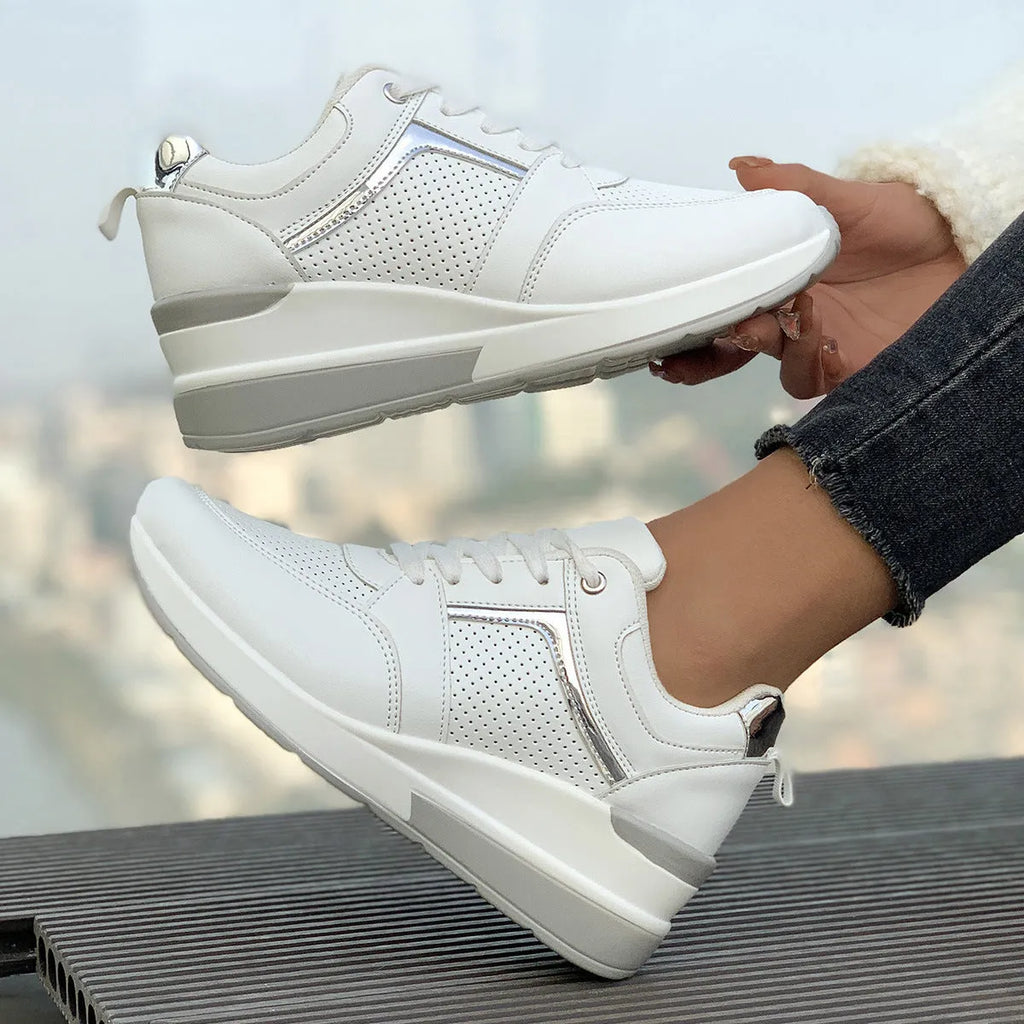 Women's milky white wedge platform casual shoes with front lace-up on a rubber sole.