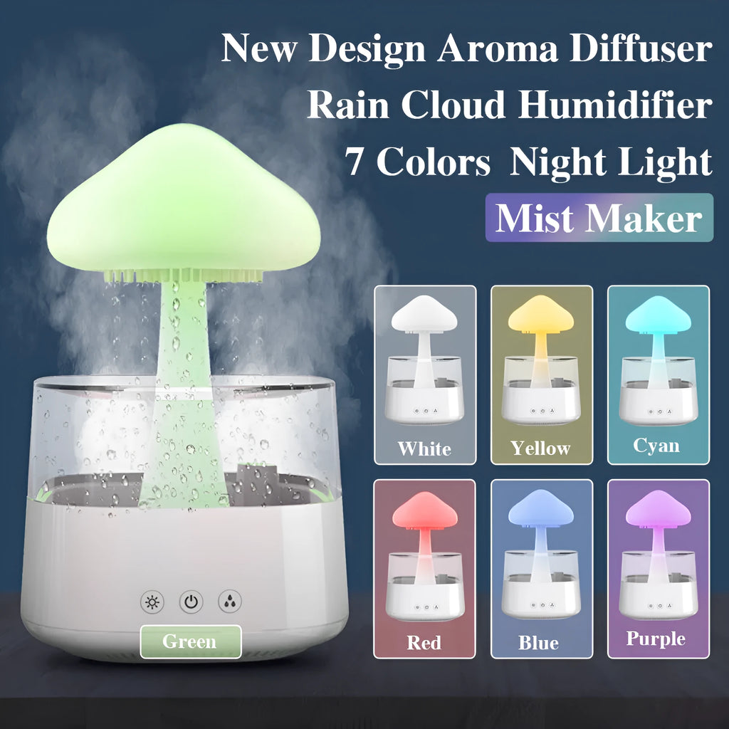 White raining cloud desk humidifier and essential oil diffuser with mushroom lamp night light