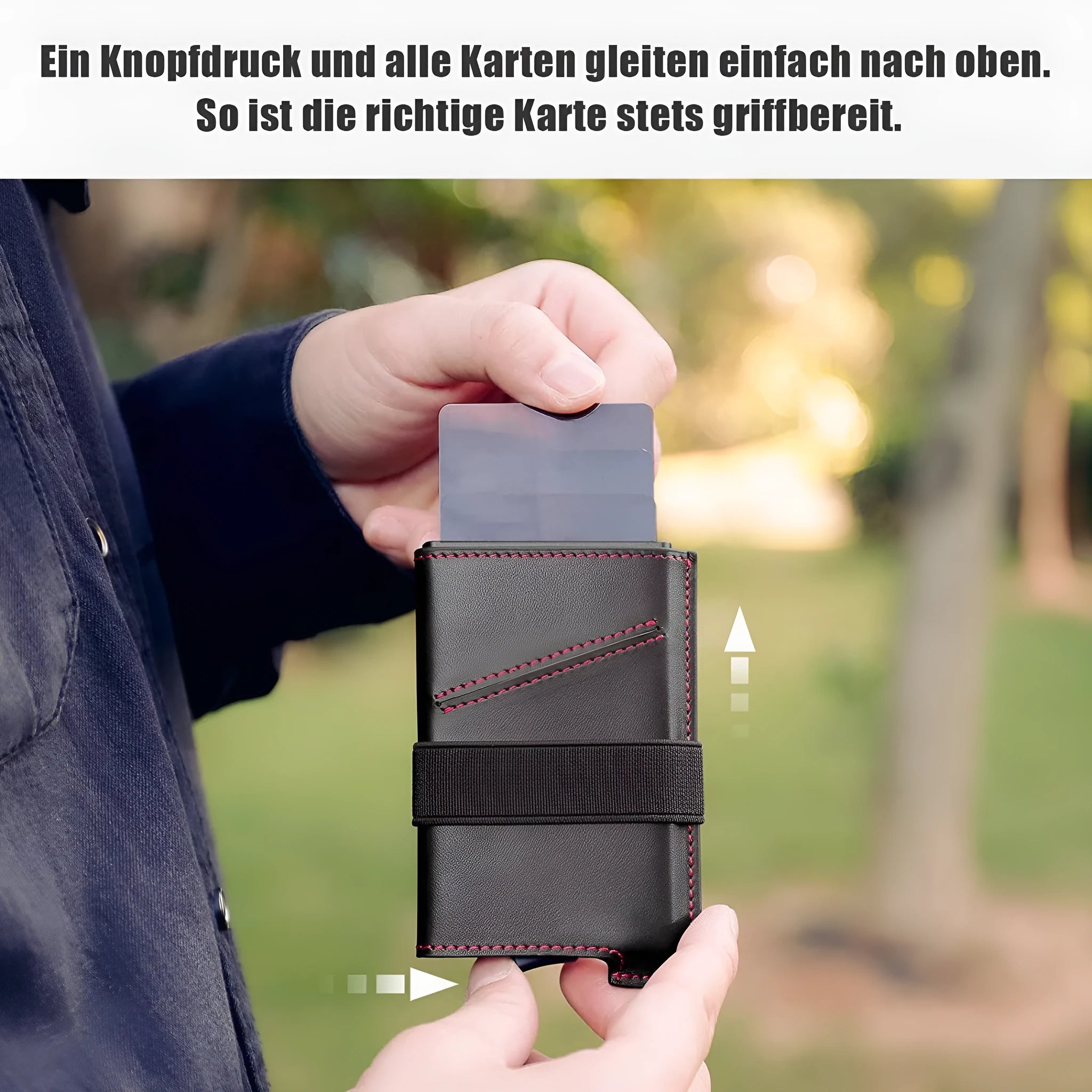 Leather men's compact wallet with aluminium alloy card holder in black and red