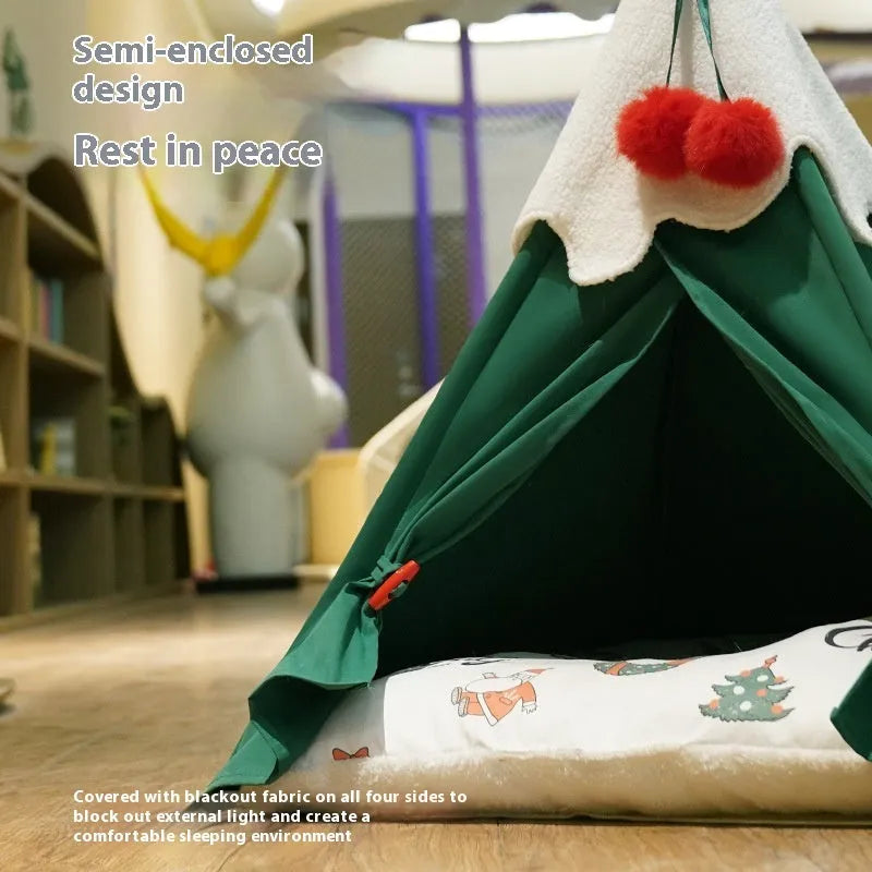 Brown semi-closed cloth cat house with thickened walls for winter sleeping