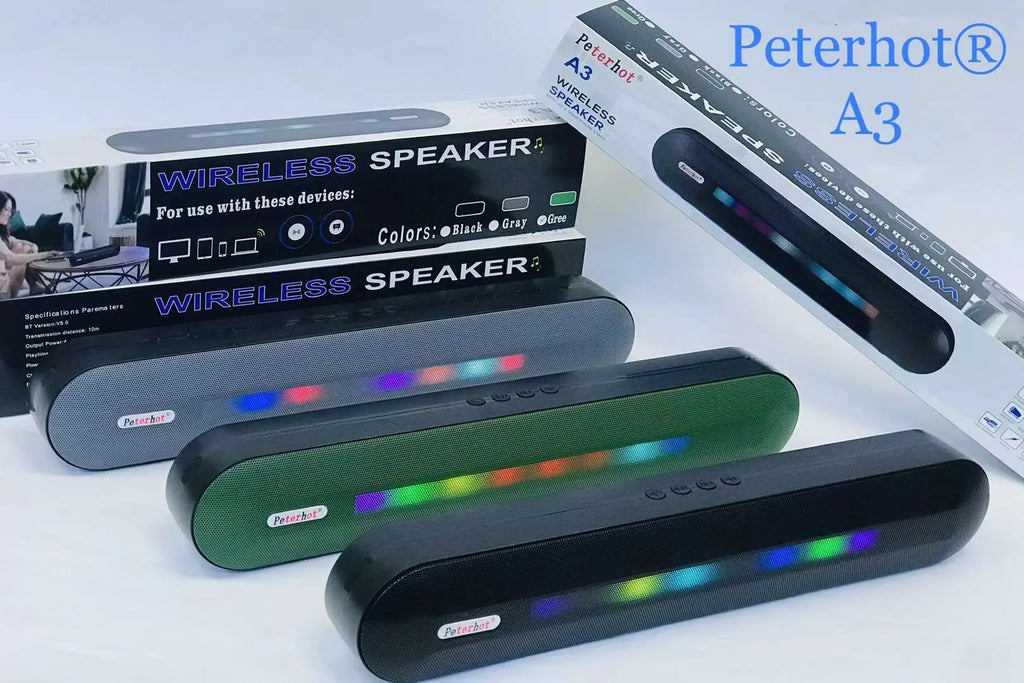 Bluetooth speaker with long LED breathing light in black colour, 400x62x72mm, on a table