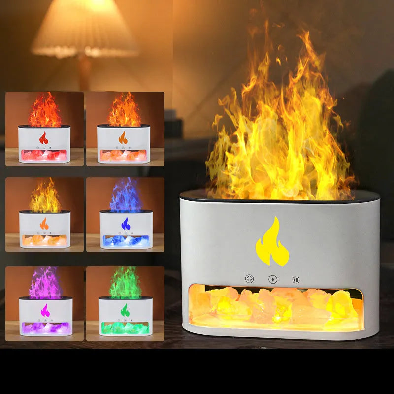 Square white flame humidifier aromatherapy machine with colourful 3D simulation flame on a desk.