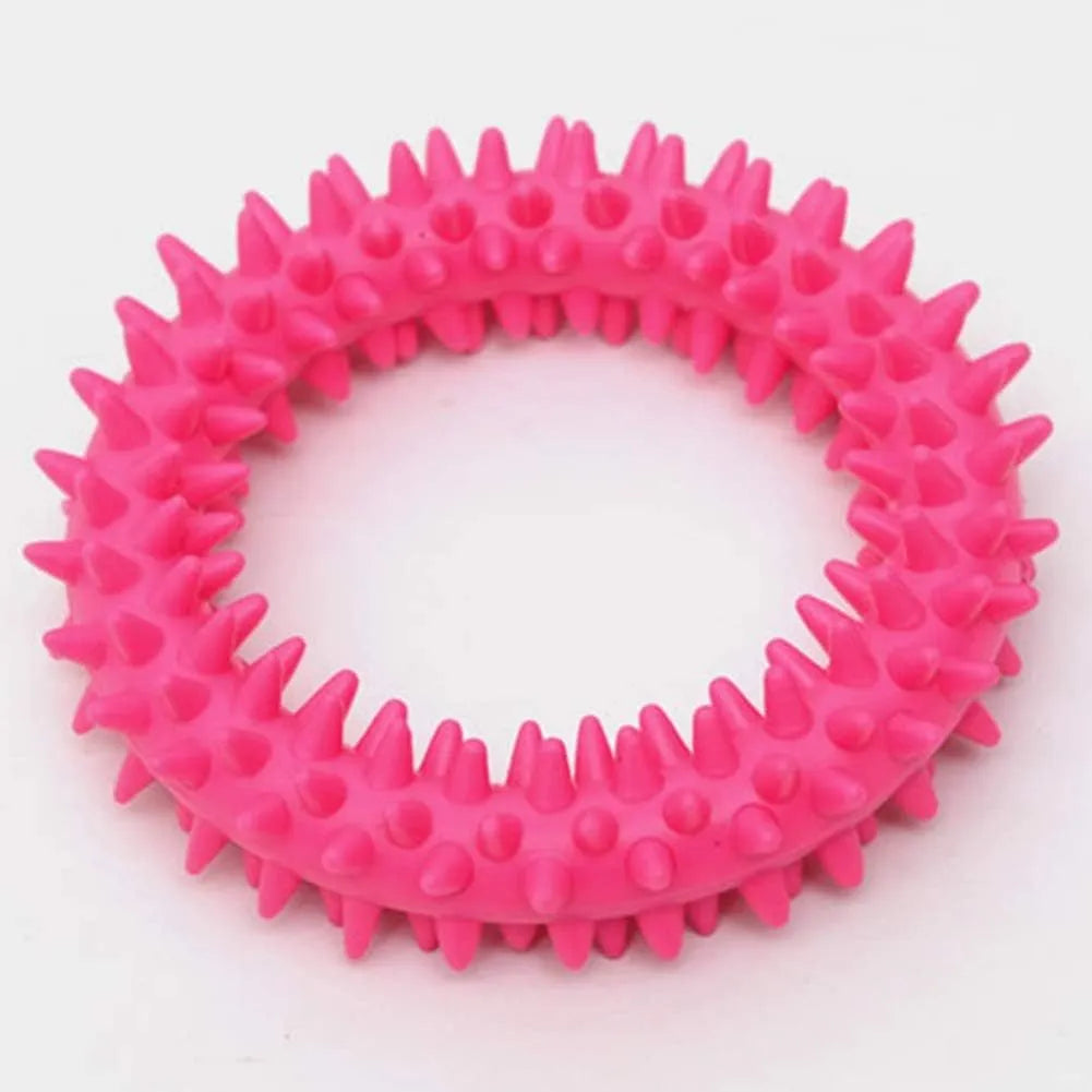 Blue TPR spiky ring dog chew toy for dental care and bite training, 9.5cm diameter.