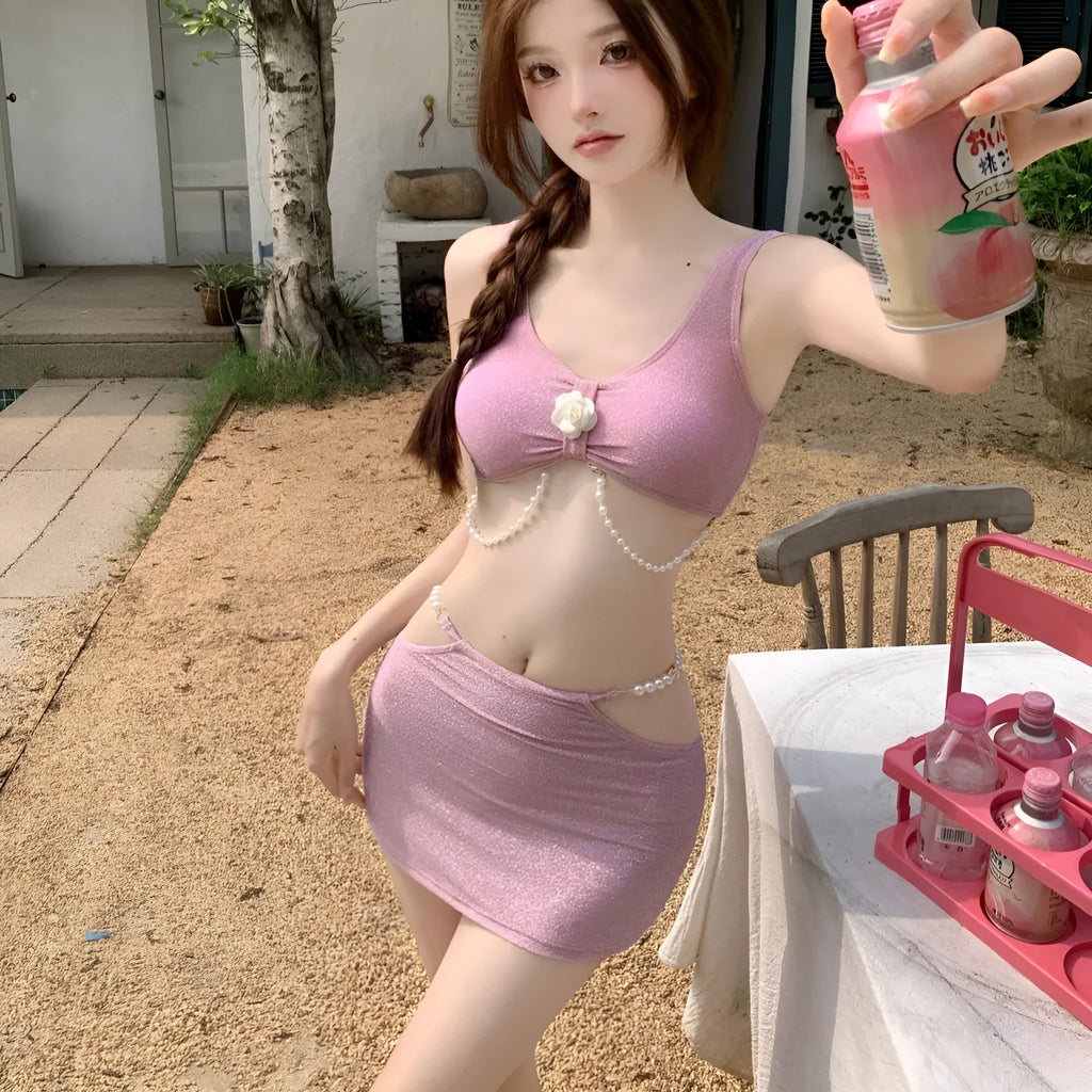 Women's black or pink three-piece polyester bikini for swimming sports