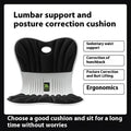 Grey ergonomic office seat cushion for waist support and posture correction on a chair.