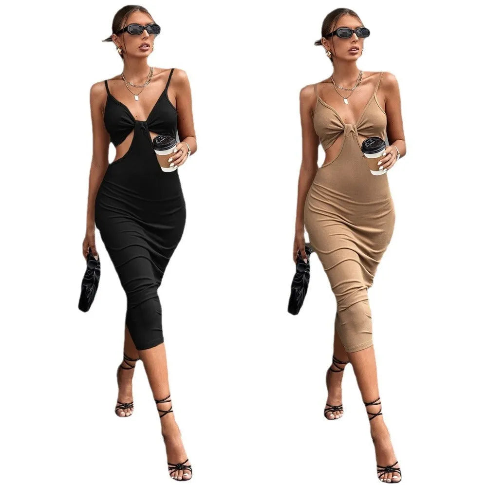 Solid colour hollow V-neck sleeveless midi pencil dress with lace-up front in khaki and black for women