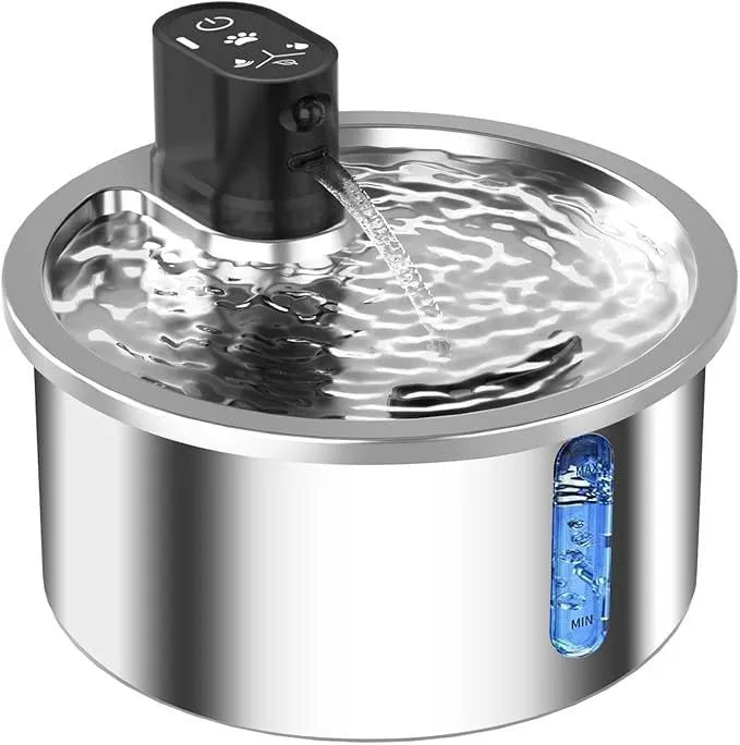 Stainless steel constant temperature pet water fountain in white on a nine-gear heating base.