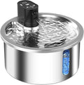 White stainless steel heated pet water fountain with digital temperature control base.