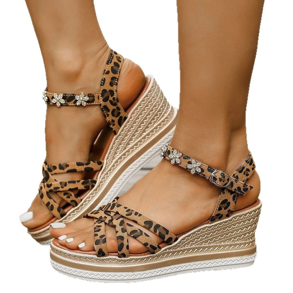 Light brown suede women's platform sandals with a buckle ankle strap and open toe.