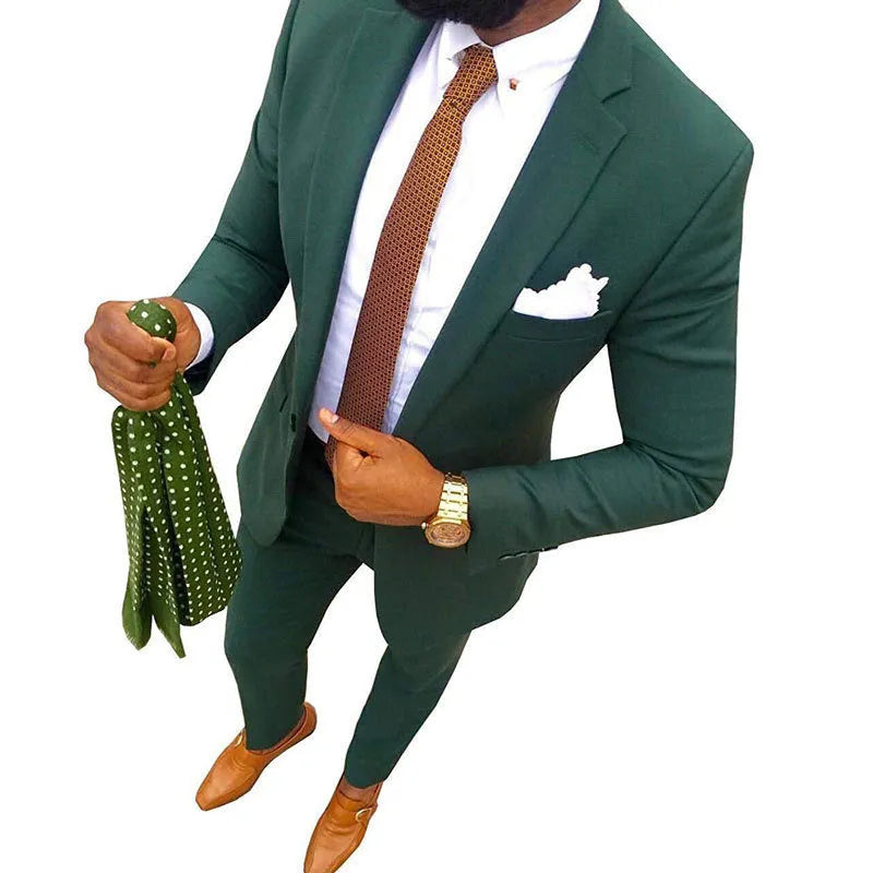 Classic men's cotton suit jacket and trousers on a hanger, available in multiple solid colours.
