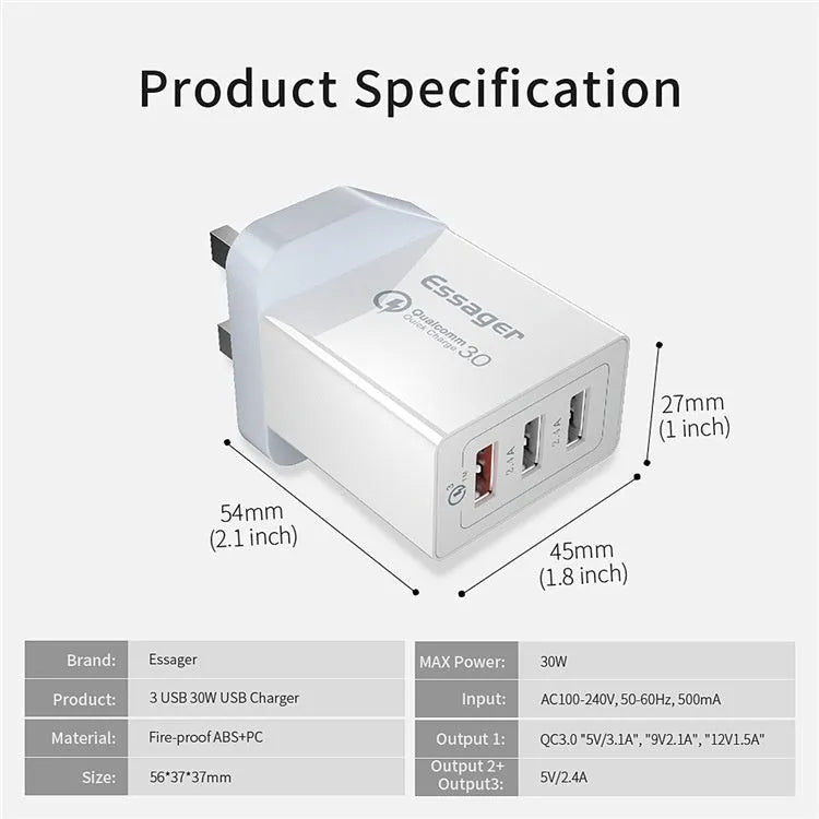 Three-port USB fast charge 30W QC3.0 mobile phone charger in white with EU plug