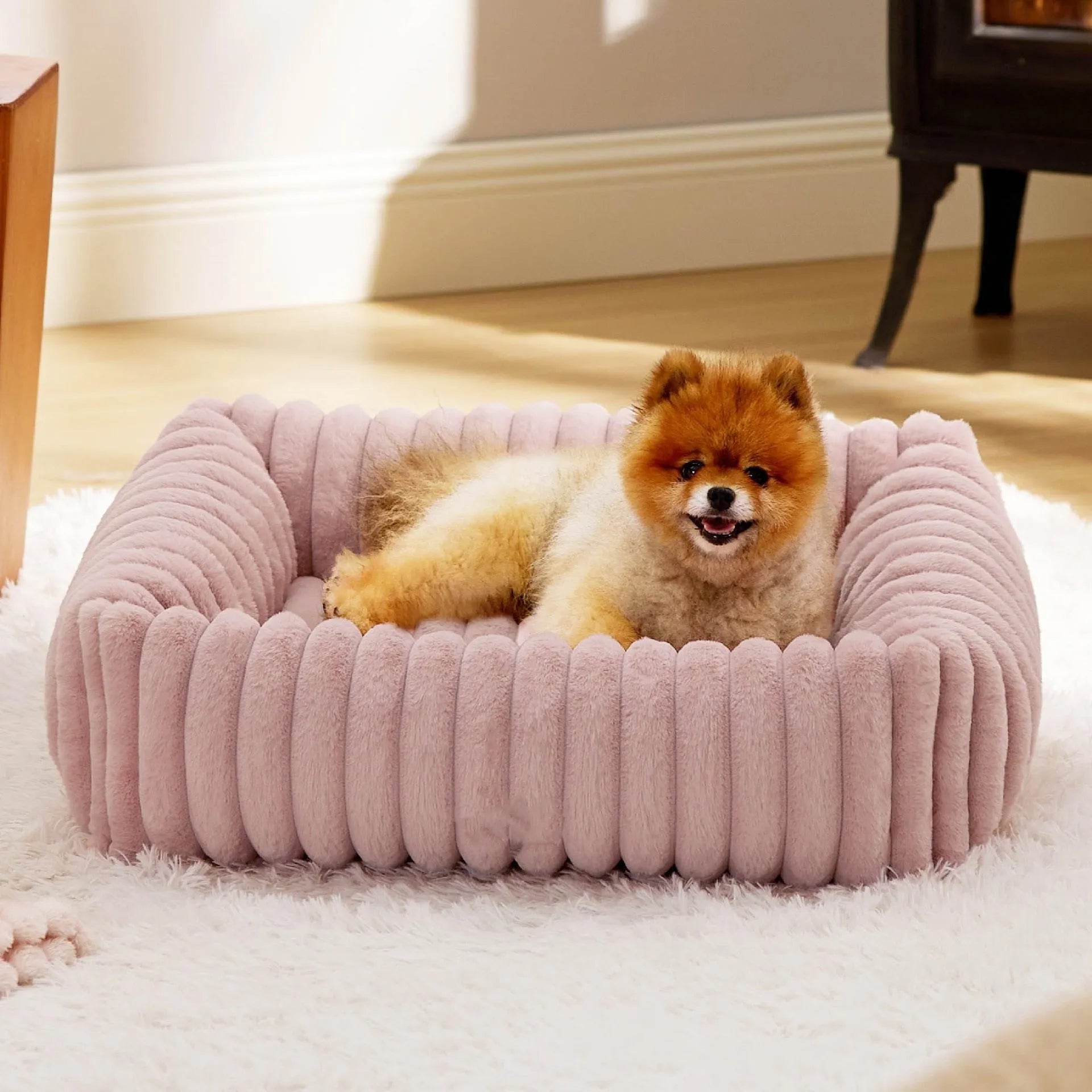 Beige raised cushion pet bed for a medium-sized dog on a wooden floor.