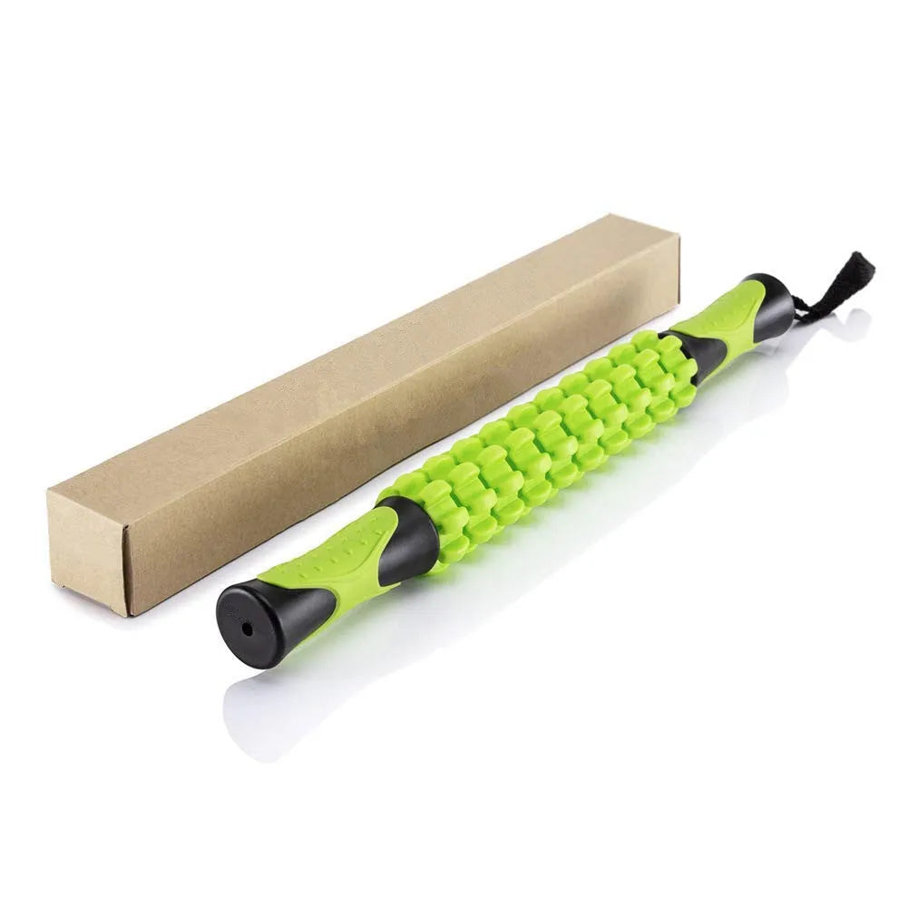 Fascia roller muscle relax massage stick with four convex round heads, ABS plastic, in green