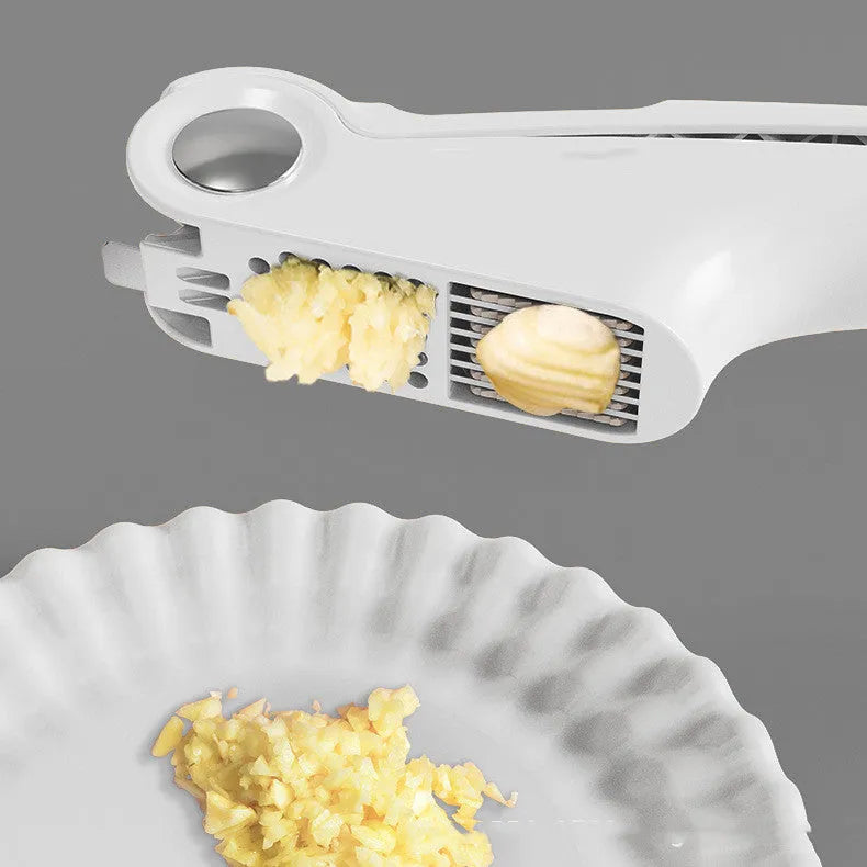 Manual garlic press with stainless steel component and coloured ABS handle measuring 22cm
