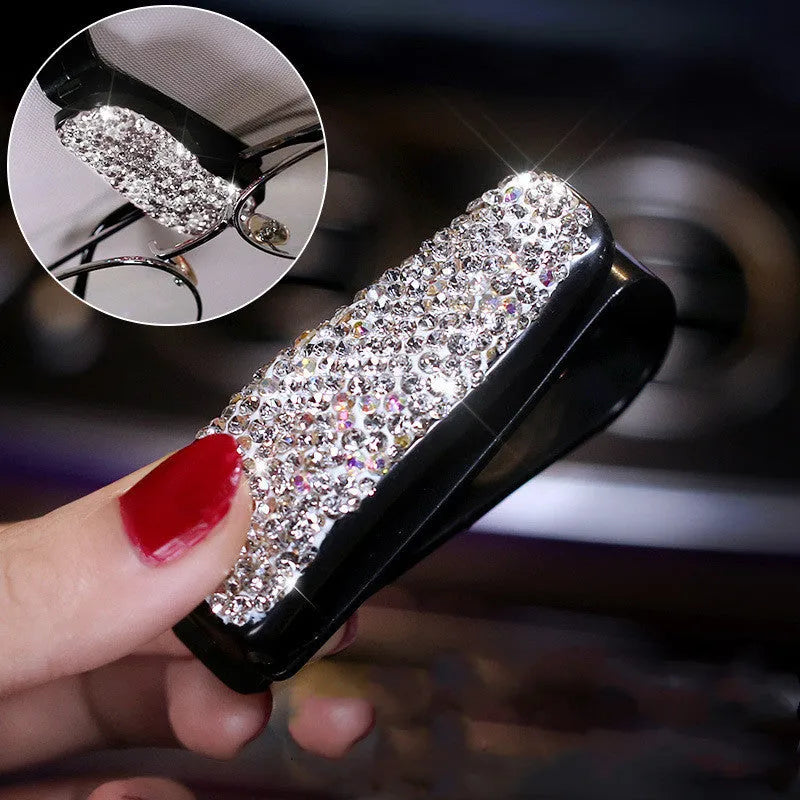 Diamond-studded leather car storage box with handmade Czech rhinestones in white colour
