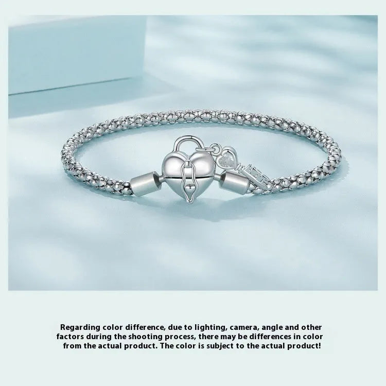 925 silver heart lock key base bracelet on white background, 17cm or 19cm size option