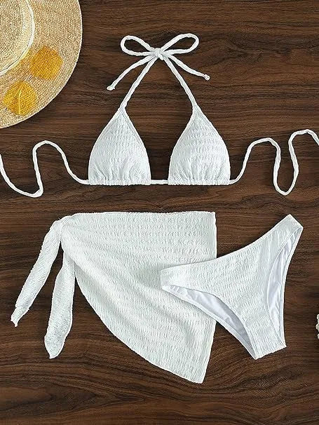 White women's lace-up split bikini swimsuit three-piece set made from Spandex in sizes S to XL