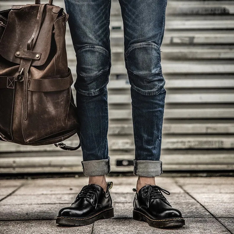 Low top big head black genuine leather Martin shoes for men with round toe and front lace-up