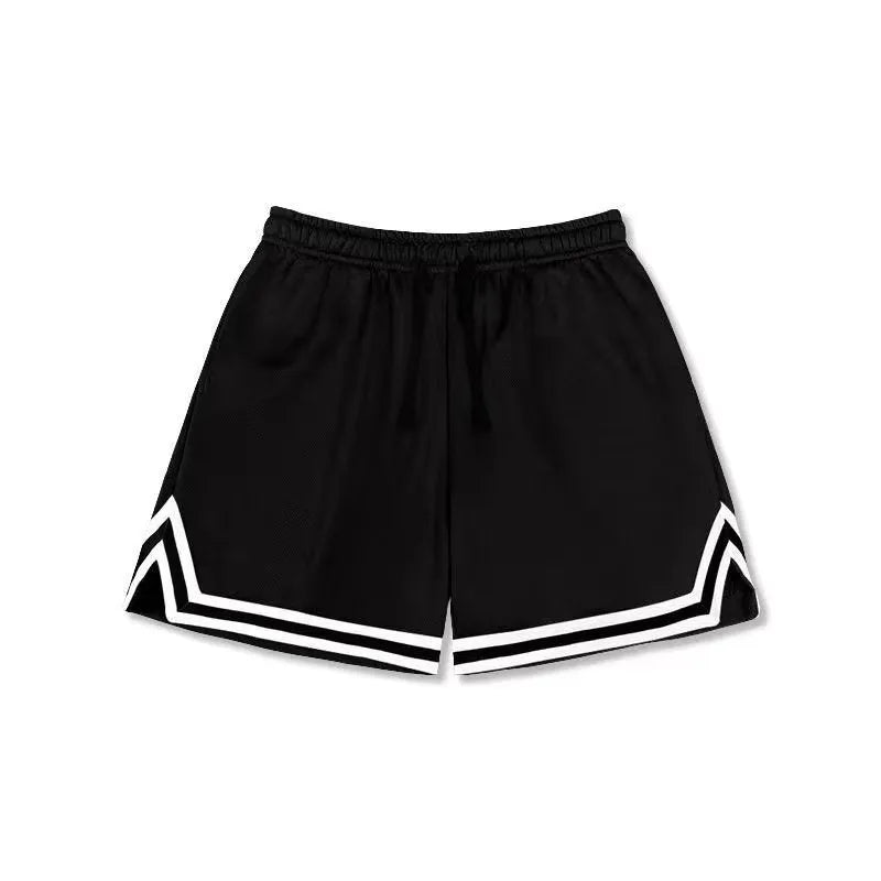 Men's loose-fit polyester sports shorts in apricot colour with an elastic waistband.