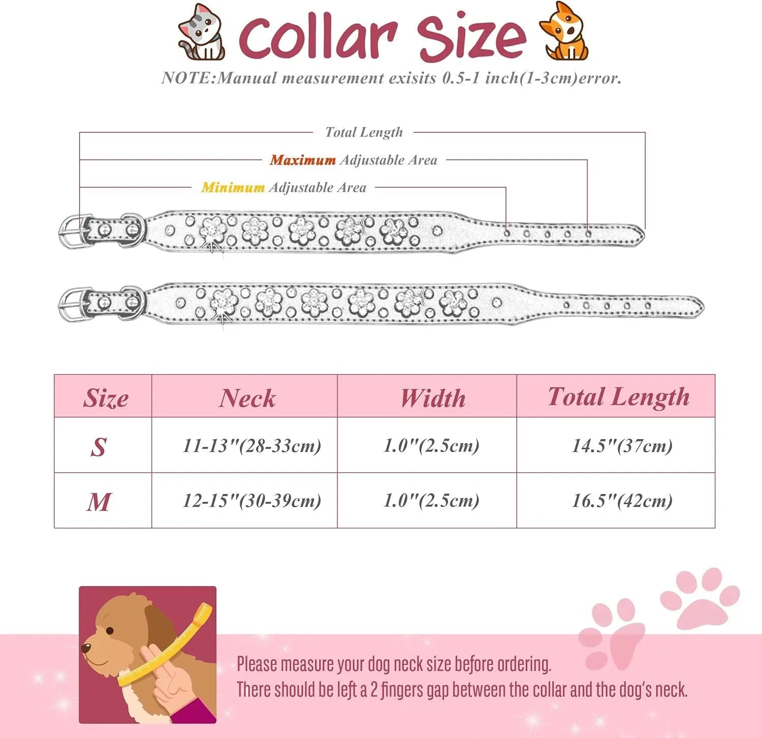 A black PU leather dog collar with a sparkling rhinestone flower pattern and metal studs, showing an adjustable metal buckle.