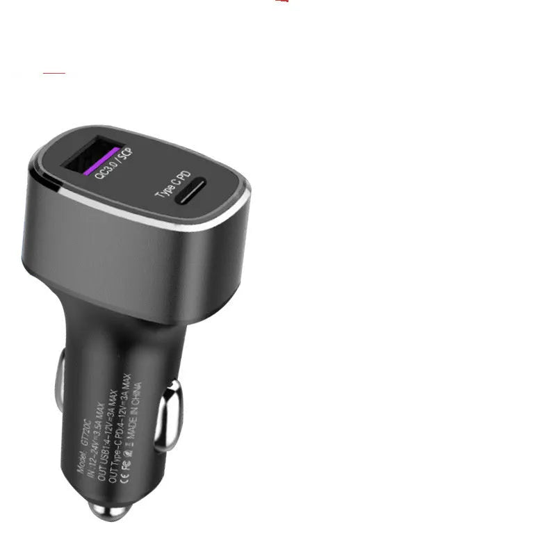Dual USB and Type C car fast charger with QC 3.0 and PD support in black or grey