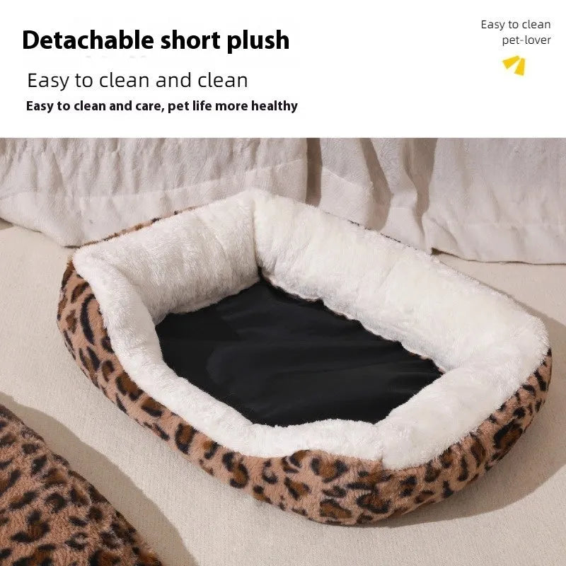 Leopard print cloth cat nest pet bed in brown, purple, or pink, sizes 46x35cm, 60x45cm, 90x60cm