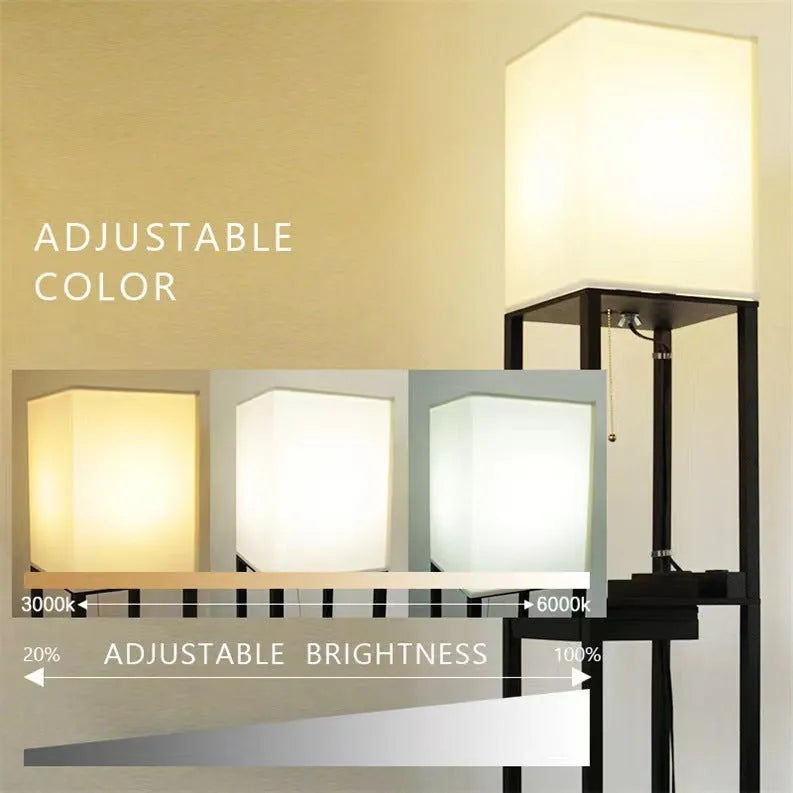 Black multifunctional floor lamp with charging shelf, fabric shade, wood body, D260 x H1600 mm, LED living room light