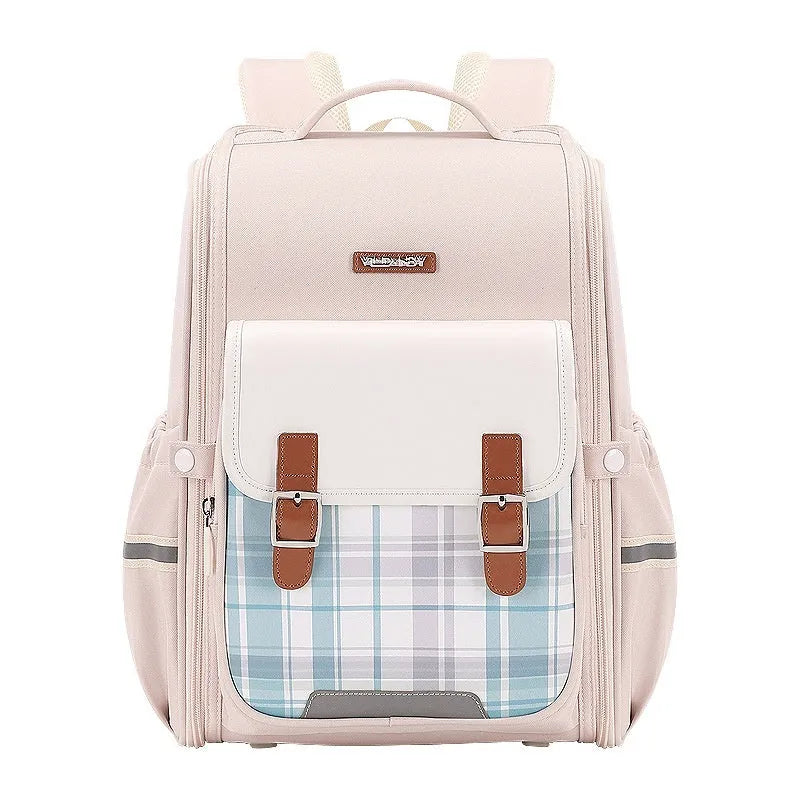 Large lightweight school backpack in Oxford cloth for year 5-6 pupils, shown in beige colour.