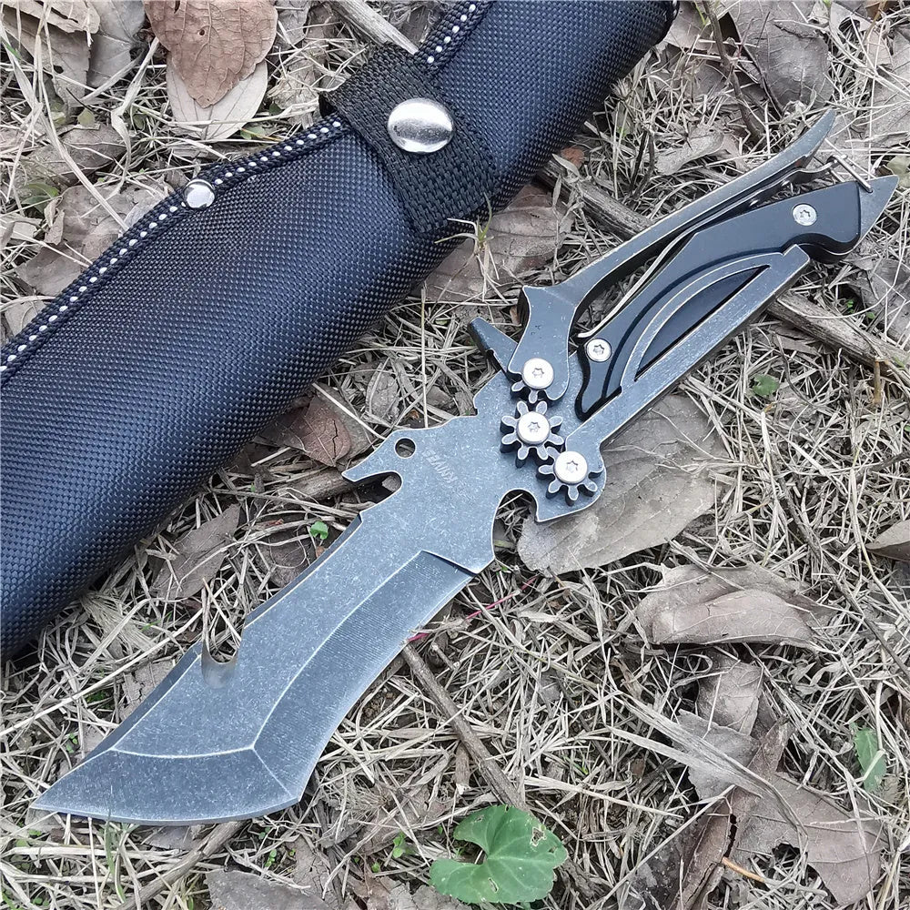 Mechanical Tools straight camping knife with black handle, 96mm 8CR13MOV blade on khaki background