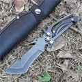Mechanical Tools straight camping knife with black handle, 96mm 8CR13MOV blade on khaki background