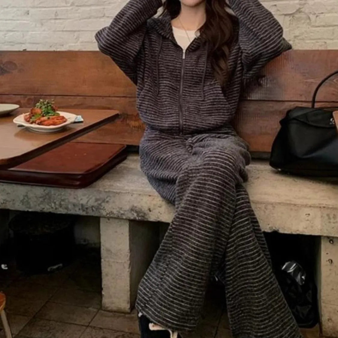 Two-piece sweatshirt and wide leg pants set in stripes or plaid pattern, conventional sleeves, sizes L to 4XL