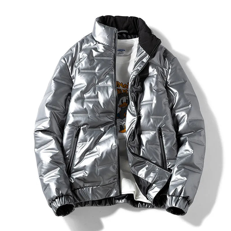 Plus-size women's shiny thick cotton winter coat in black cardigan style with side pockets and slim fit
